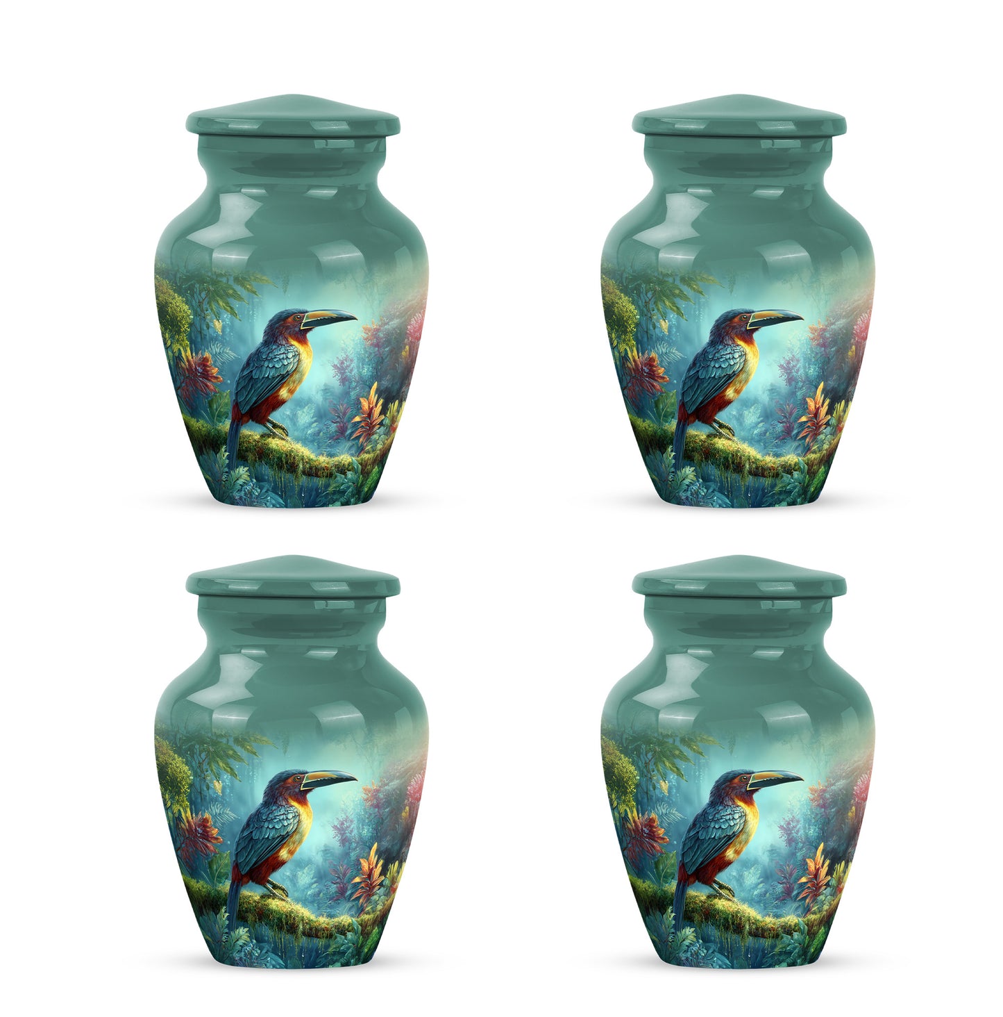Deep Teal Hornbill Cremation Urn side profile showing urn shape - elegant classic hornbill relief with fine detailing - 10 inch aluminum urn for cremated remains