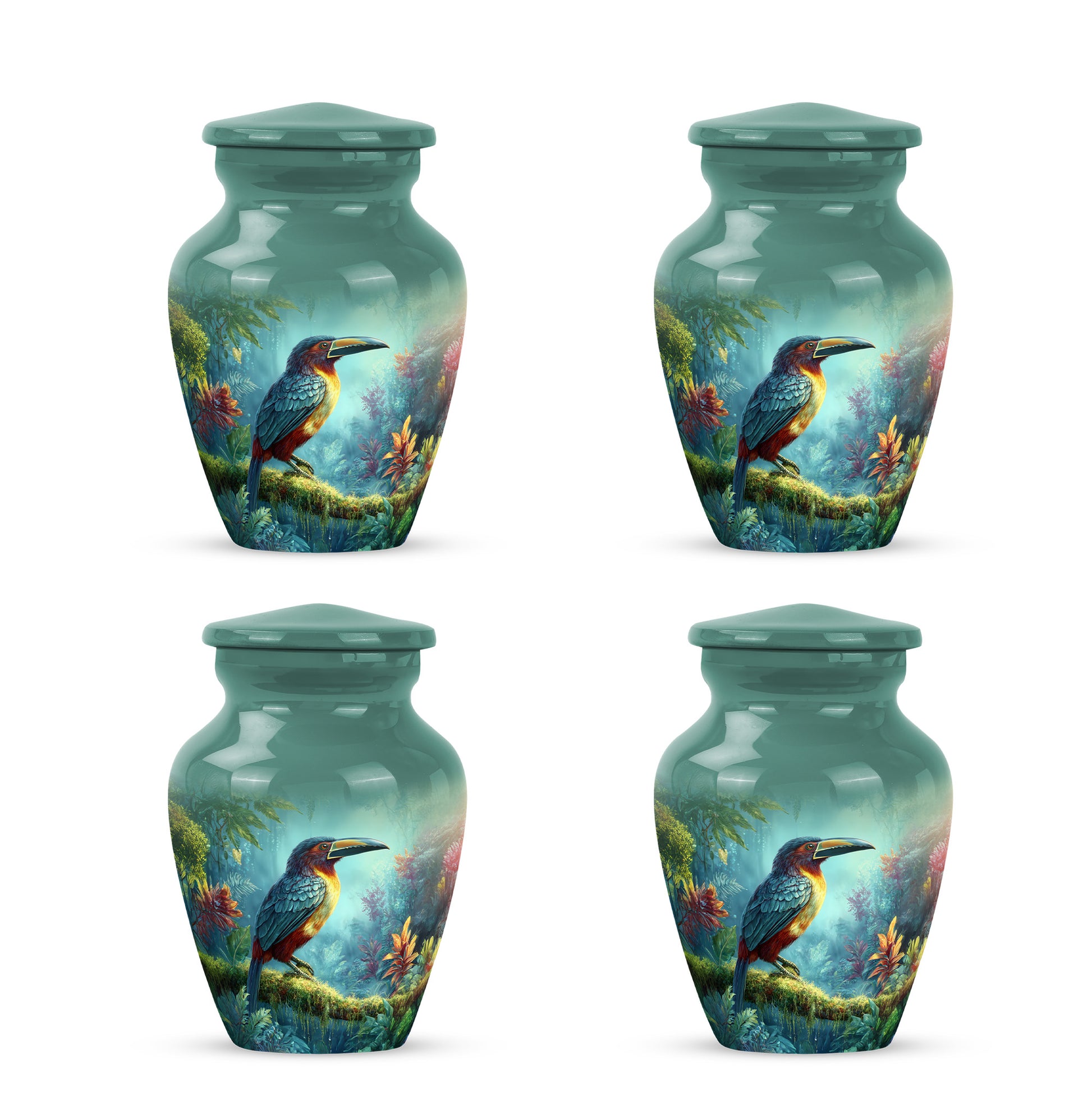 Deep Teal Hornbill Cremation Urn side profile showing urn shape - elegant classic hornbill relief with fine detailing - 10 inch aluminum urn for cremated remains