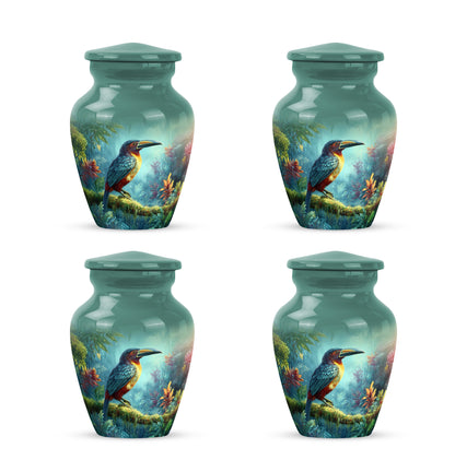Deep Teal Hornbill Cremation Urn side profile showing urn shape - elegant classic hornbill relief with fine detailing - 10 inch aluminum urn for cremated remains