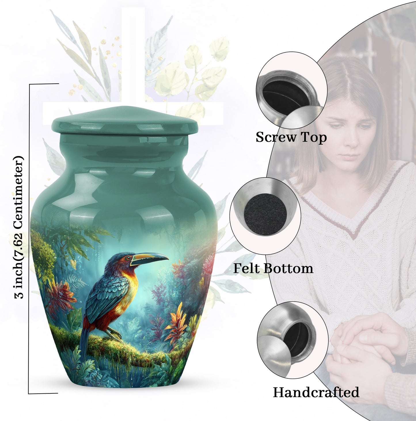 Tropical Teal Hornbill Cremation Urn close-up of engraving and surface detail - elegant classic hornbill relief with fine detailing - mini keepsake memorial for portion of cremation ashes