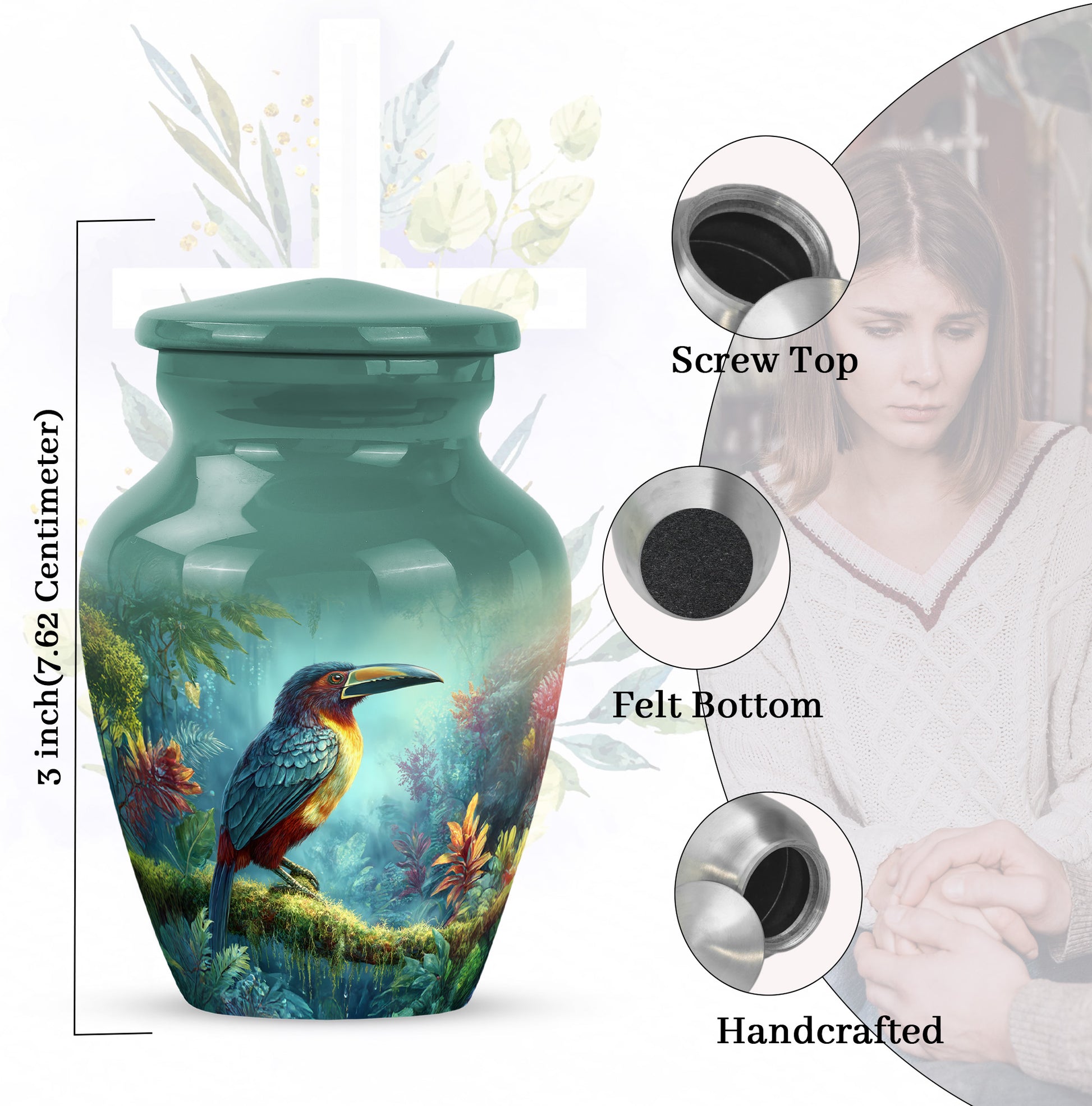 Tropical Teal Hornbill Cremation Urn close-up of engraving and surface detail - elegant classic hornbill relief with fine detailing - mini keepsake memorial for portion of cremation ashes