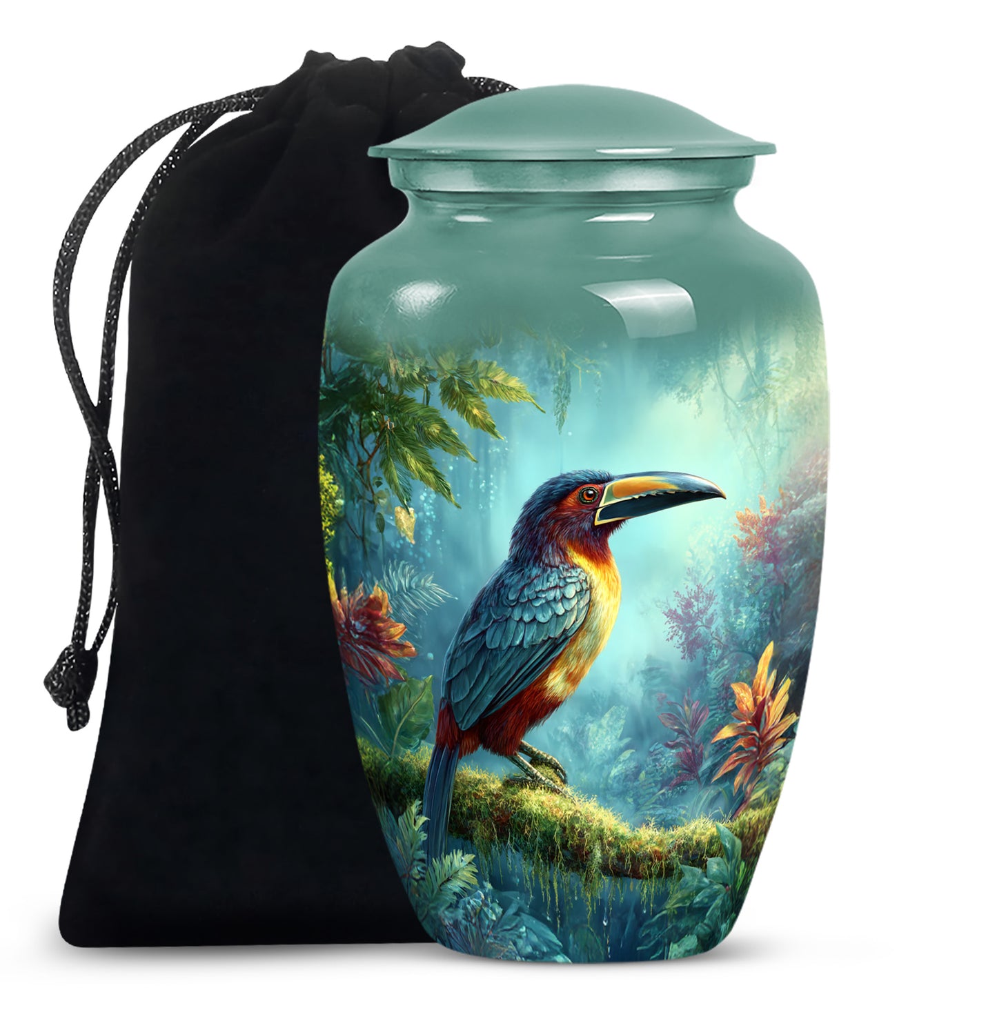Sea Green Teal Hornbill Cremation Urn angled view of lid and engraved motif - classic sculpted hornbill pattern on smooth aluminum - full-size 10 inch 200 cubic inch adult cremation urn