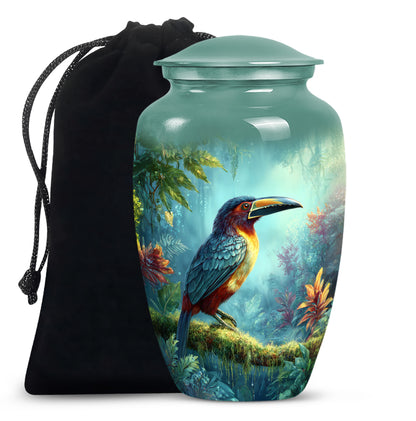 Sea Green Teal Hornbill Cremation Urn angled view of lid and engraved motif - classic sculpted hornbill pattern on smooth aluminum - full-size 10 inch 200 cubic inch adult cremation urn