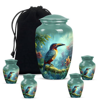 Mystic Teal Hornbill Cremation Urn top-down view of secure threaded lid - elegant classic hornbill relief with fine detailing - memorial set with one large and four small urns