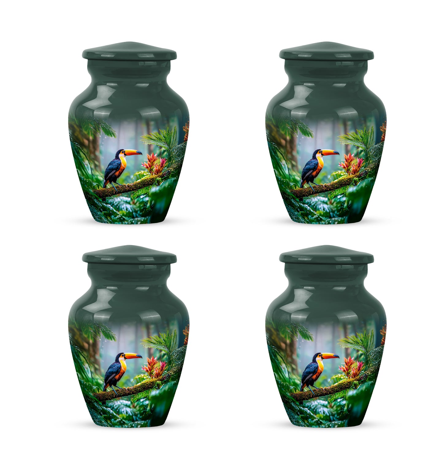 Olive Green Hornbill Cremation Urn side profile showing urn shape - traditional hornbill engraving with hand-polished finish - 10 inch aluminum urn for cremated remains