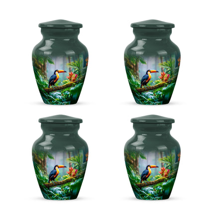 Olive Green Hornbill Cremation Urn side profile showing urn shape - traditional hornbill engraving with hand-polished finish - 10 inch aluminum urn for cremated remains