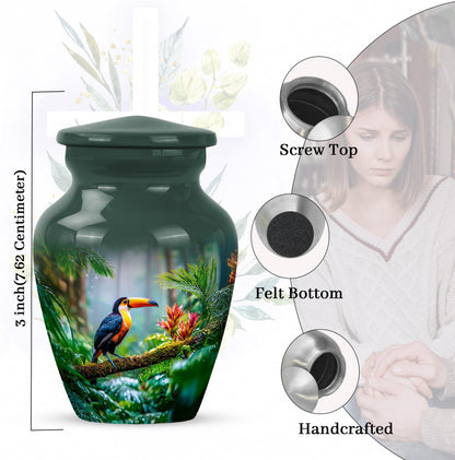 Emerald Green Hornbill Cremation Urn close-up of engraving and surface detail - timeless hornbill motif etched into premium metal - mini keepsake memorial for portion of cremation ashes
