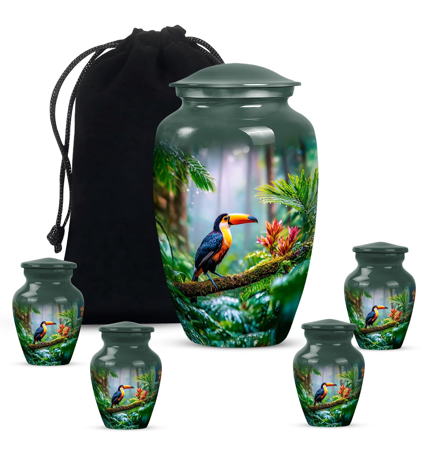 Mint Green Hornbill Cremation Urn top-down view of secure threaded lid - traditional hornbill engraving with hand-polished finish - memorial set with one large and four small urns