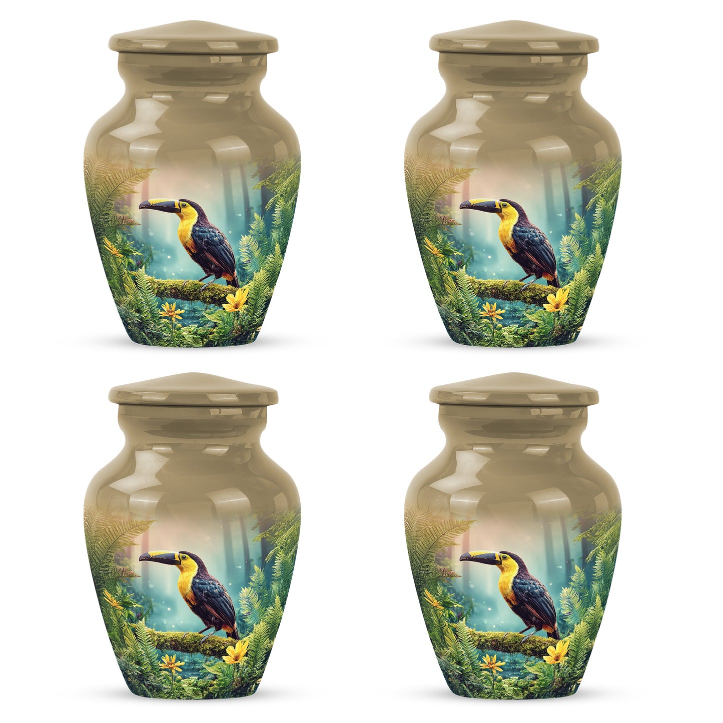 Champagne Gold Hornbill Cremation Urn side profile showing urn shape - timeless hornbill motif etched into premium metal - 10 inch aluminum urn for cremated remains
