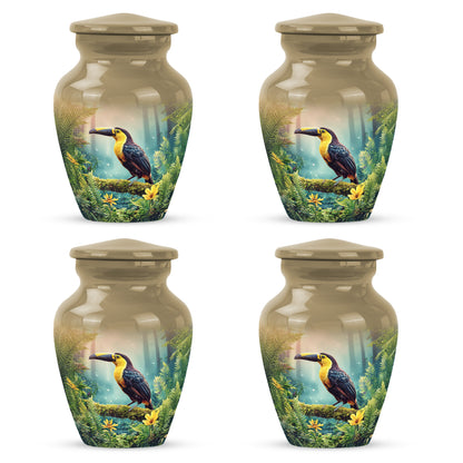 Champagne Gold Hornbill Cremation Urn side profile showing urn shape - timeless hornbill motif etched into premium metal - 10 inch aluminum urn for cremated remains