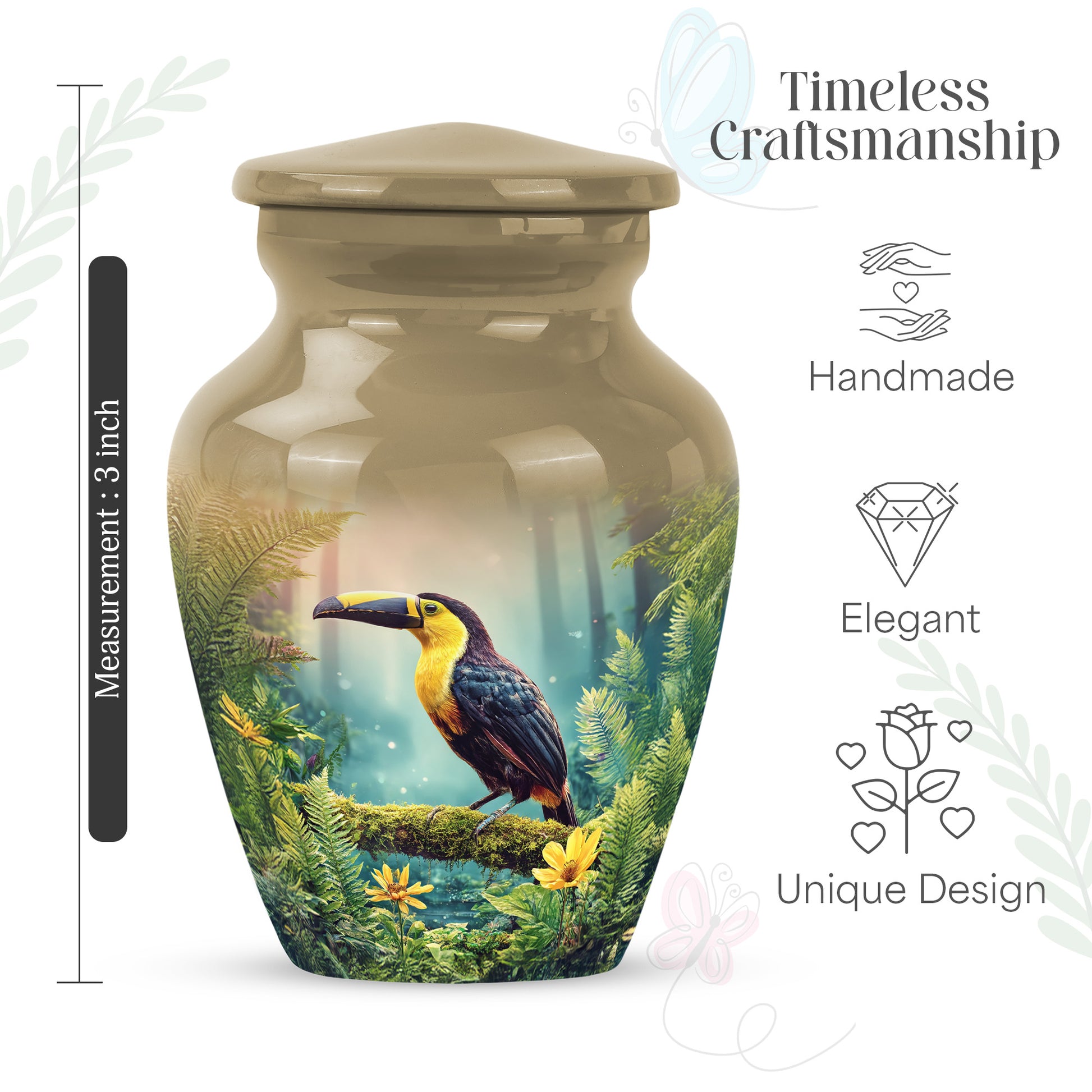 Warm Gold Hornbill Cremation Urn close-up of engraving and surface detail - elegant classic hornbill relief with fine detailing - mini keepsake memorial for portion of cremation ashes