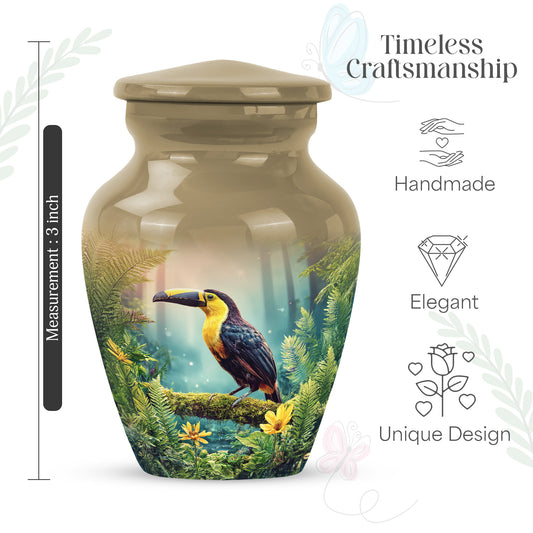 Warm Gold Hornbill Cremation Urn close-up of engraving and surface detail - elegant classic hornbill relief with fine detailing - mini keepsake memorial for portion of cremation ashes