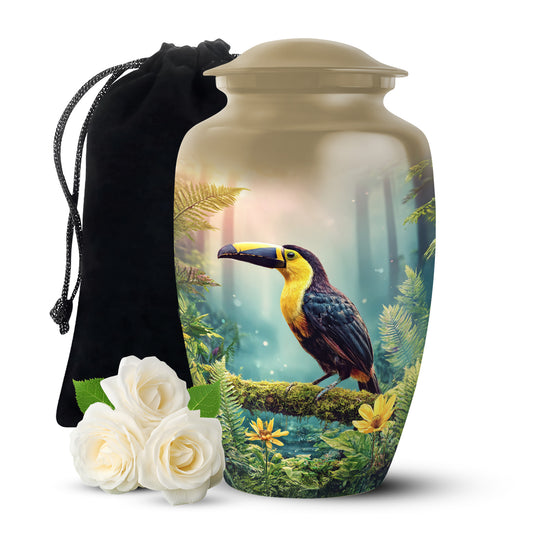 Amber Gold Hornbill Cremation Urn angled view of lid and engraved motif - timeless hornbill motif etched into premium metal - full-size 10 inch 200 cubic inch adult cremation urn