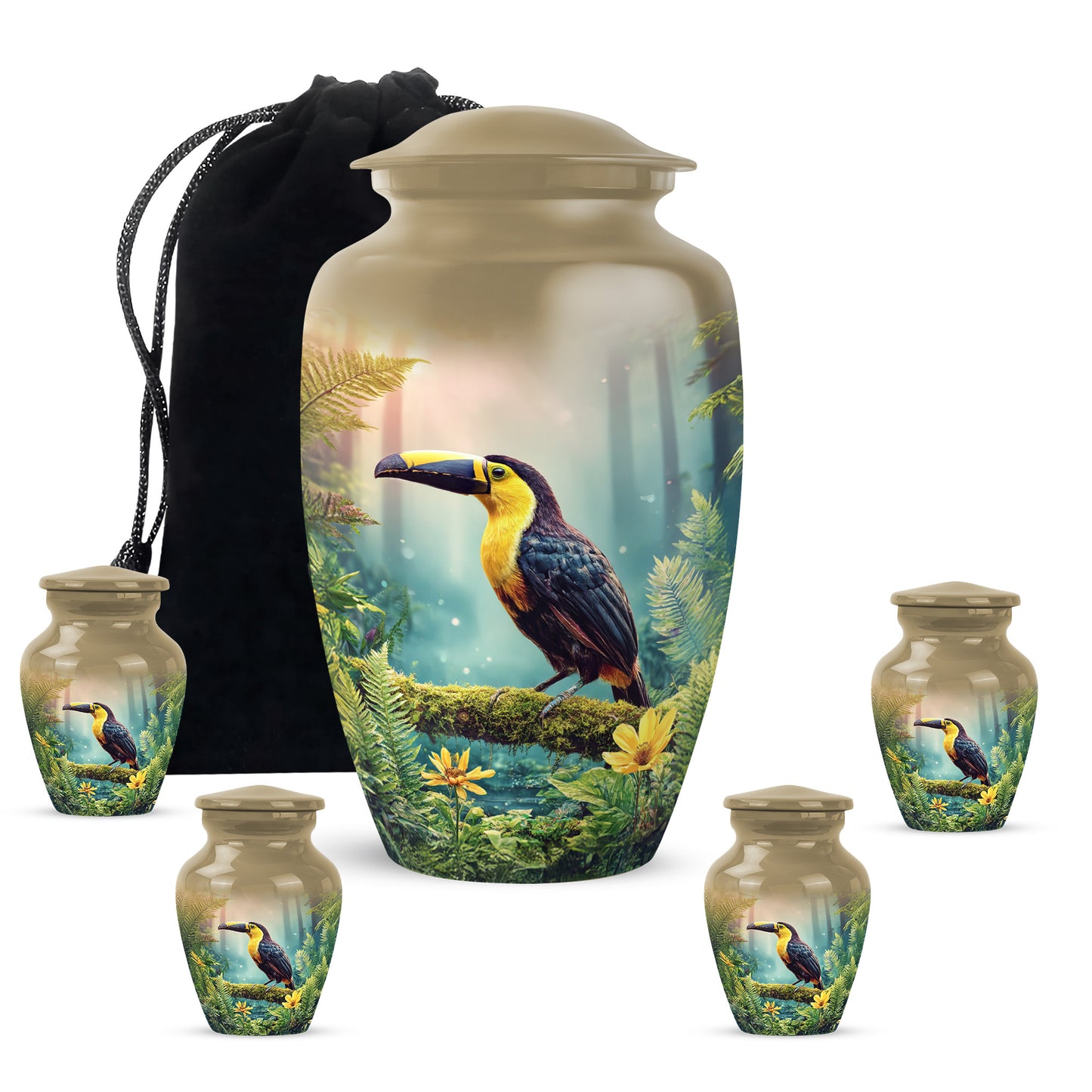 Burnished Gold Hornbill Cremation Urn top-down view of secure threaded lid - traditional hornbill engraving with hand-polished finish - memorial set with one large and four small urns