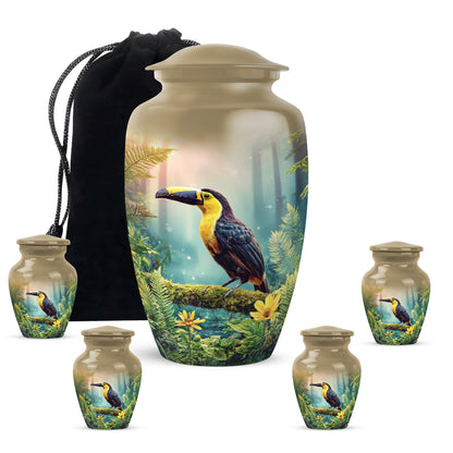 Burnished Gold Hornbill Cremation Urn top-down view of secure threaded lid - traditional hornbill engraving with hand-polished finish - memorial set with one large and four small urns