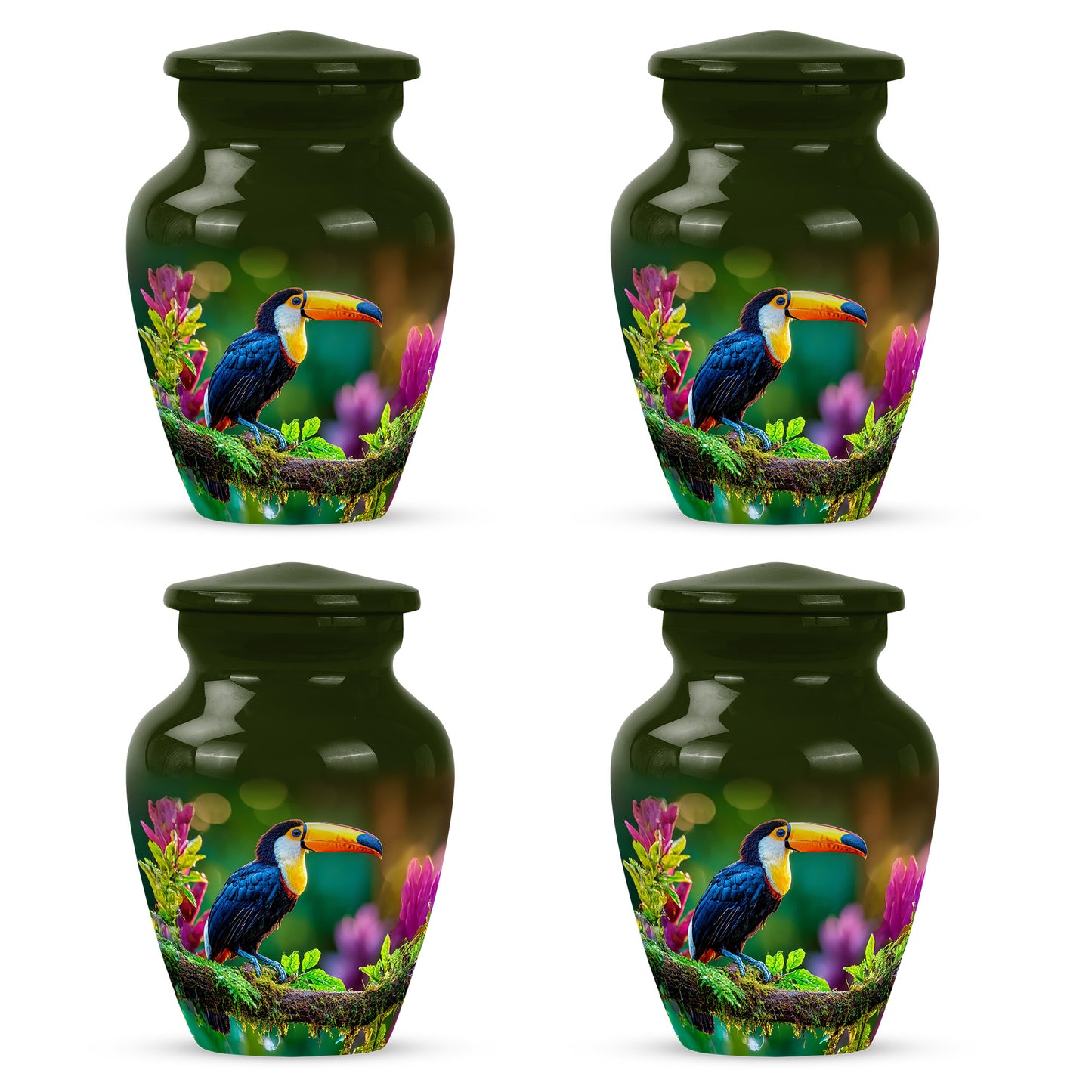 Warm Yellow Hornbill Cremation Urn side profile showing urn shape - timeless hornbill motif etched into premium metal - 10 inch aluminum urn for cremated remains