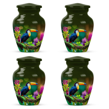 Warm Yellow Hornbill Cremation Urn side profile showing urn shape - timeless hornbill motif etched into premium metal - 10 inch aluminum urn for cremated remains