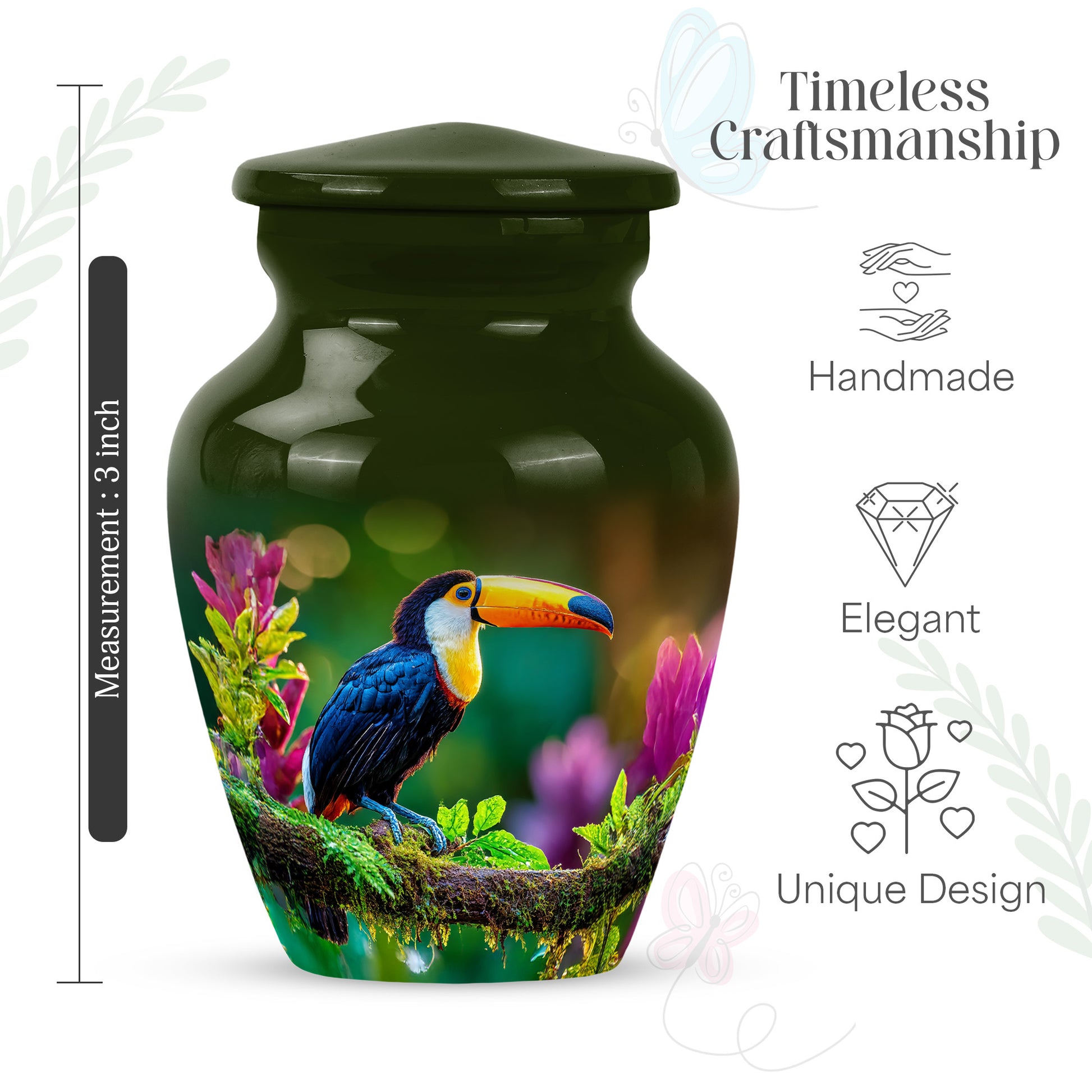 Sunshine Yellow Hornbill Cremation Urn close-up of engraving and surface detail - traditional hornbill engraving with hand-polished finish - mini keepsake memorial for portion of cremation ashes