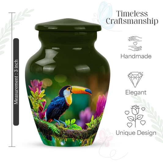 Sunshine Yellow Hornbill Cremation Urn close-up of engraving and surface detail - traditional hornbill engraving with hand-polished finish - mini keepsake memorial for portion of cremation ashes