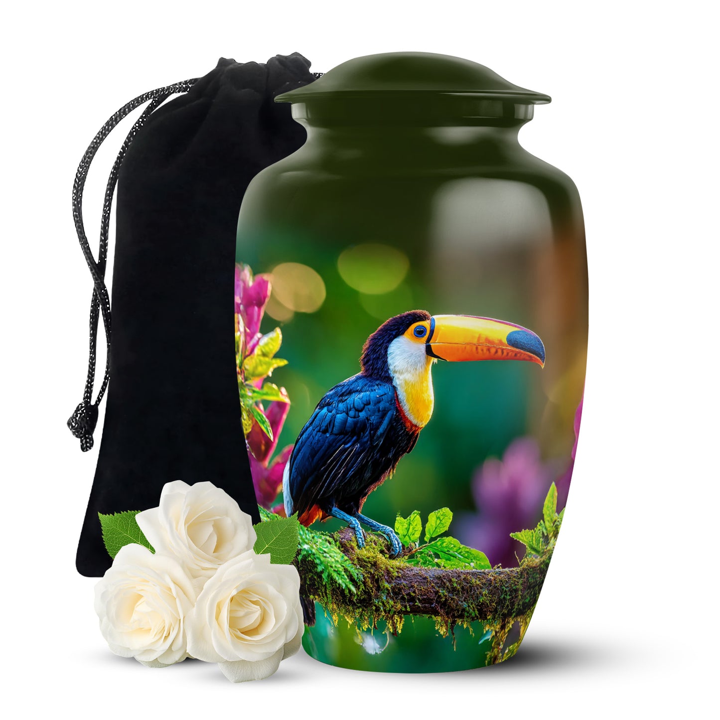 Golden Yellow Hornbill Cremation Urn angled view of lid and engraved motif - classic sculpted hornbill pattern on smooth aluminum - full-size 10 inch 200 cubic inch adult cremation urn