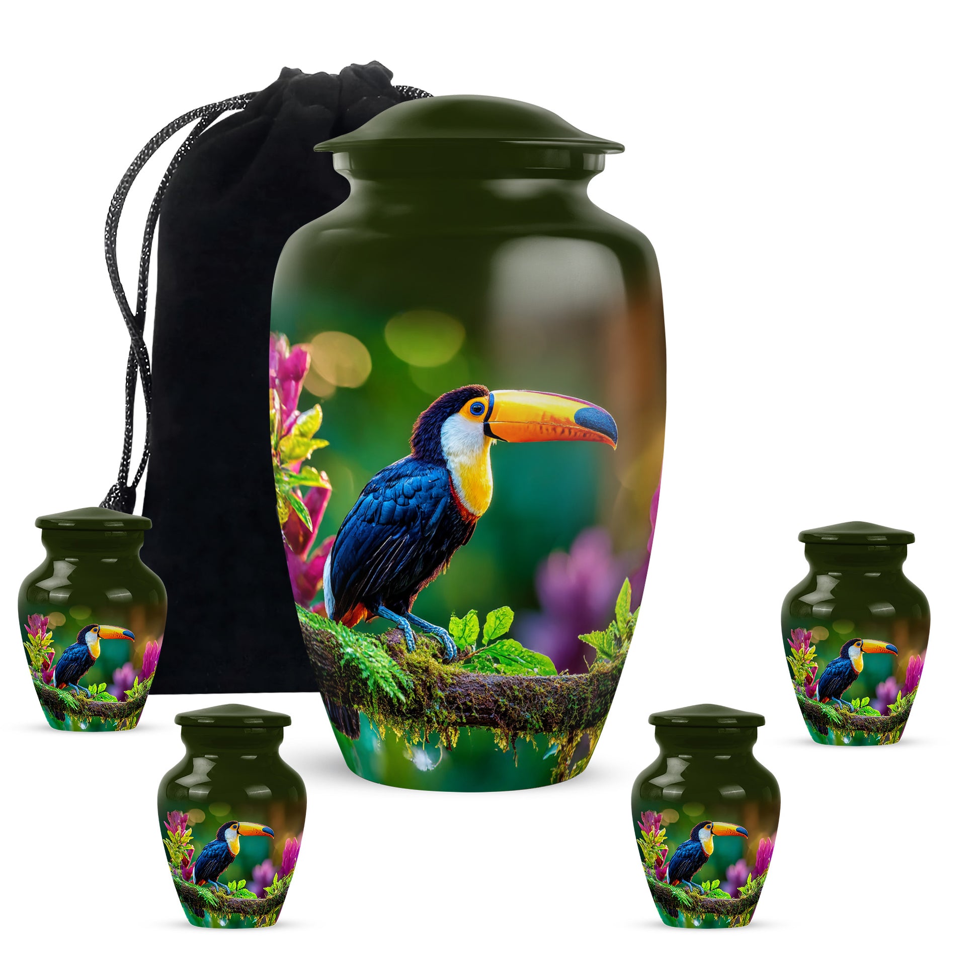Marigold Yellow Hornbill Cremation Urn top-down view of secure threaded lid - traditional hornbill engraving with hand-polished finish - memorial set with one large and four small urns