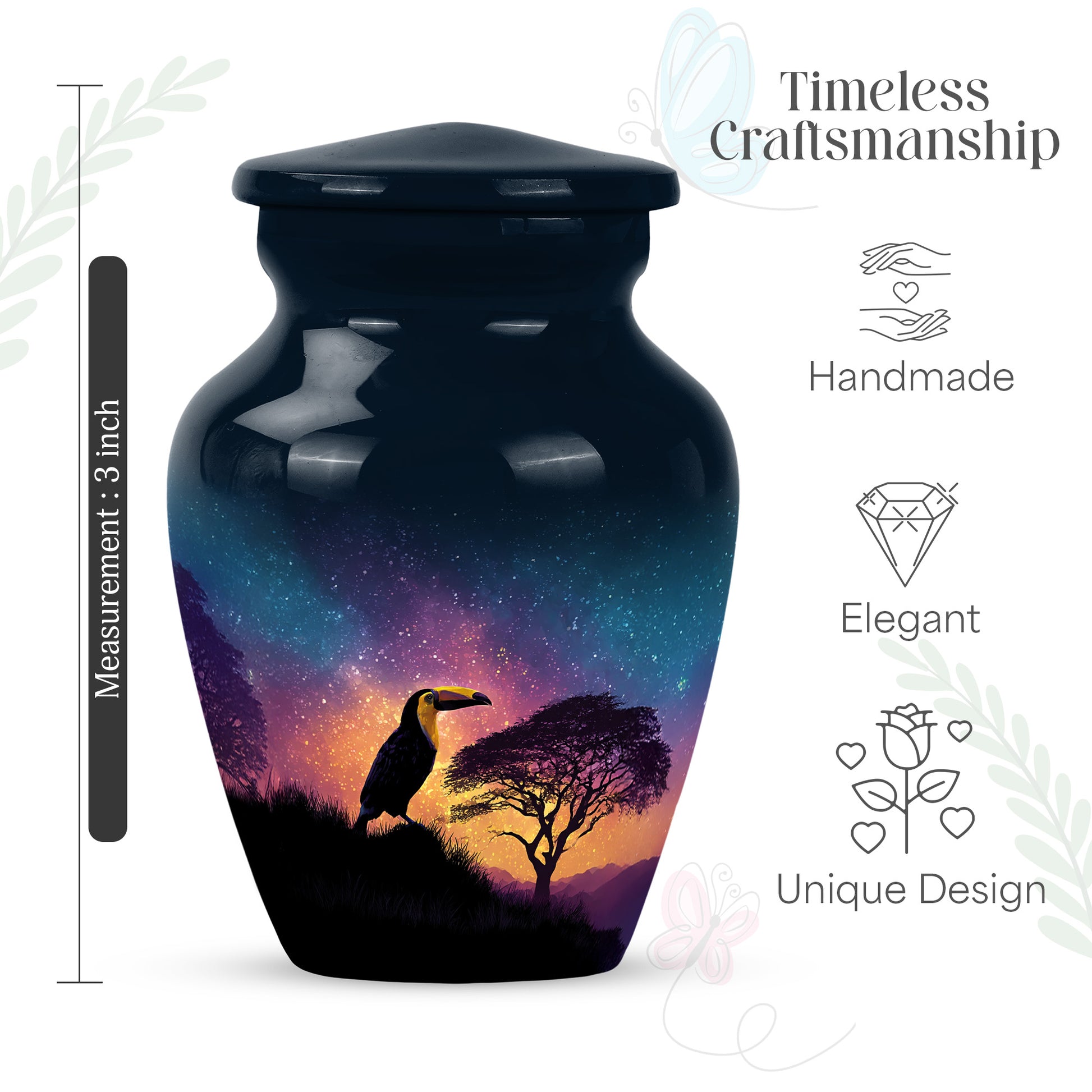 Serene Blue Hornbill Cremation Urn close-up of engraving and surface detail - traditional hornbill engraving with hand-polished finish - mini keepsake memorial for portion of cremation ashes