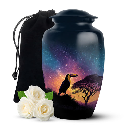 Icy Blue Hornbill Cremation Urn angled view of lid and engraved motif - classic sculpted hornbill pattern on smooth aluminum - full-size 10 inch 200 cubic inch adult cremation urn