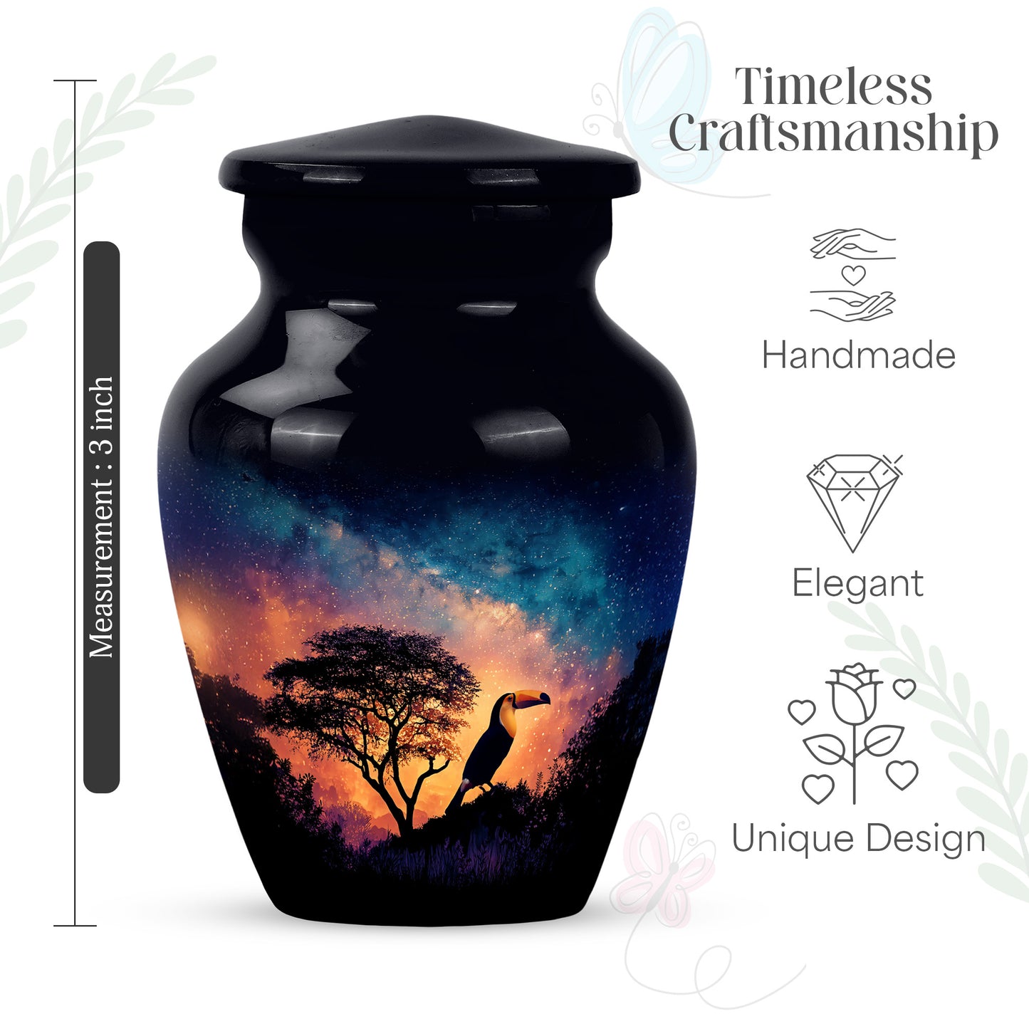 Vivid Blue Hornbill Cremation Urn close-up of engraving and surface detail - elegant classic hornbill relief with fine detailing - mini keepsake memorial for portion of cremation ashes
