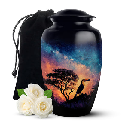 Misty Blue Hornbill Cremation Urn angled view of lid and engraved motif - classic sculpted hornbill pattern on smooth aluminum - full-size 10 inch 200 cubic inch adult cremation urn