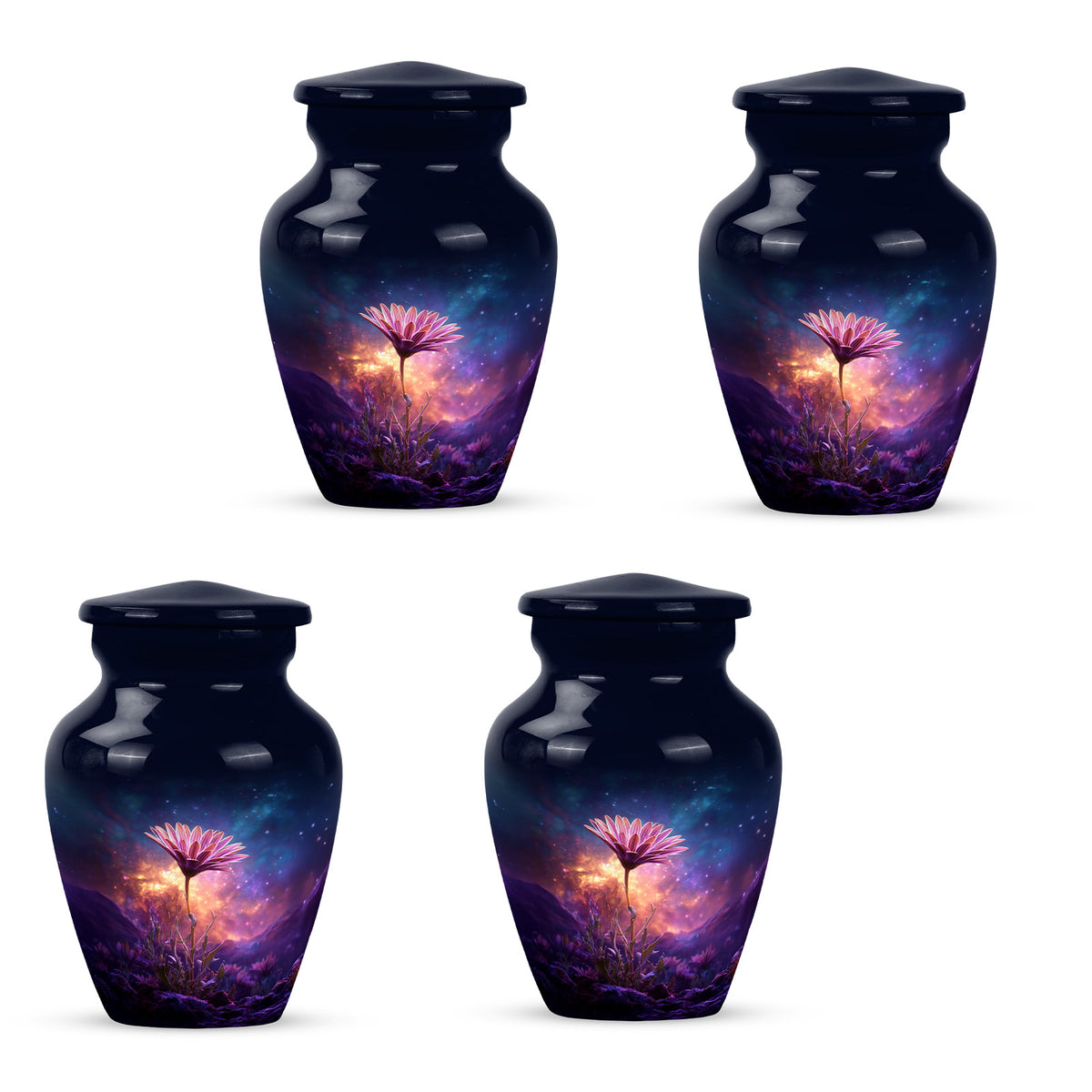 Misty Blue Daisy Cremation Urn side profile showing urn shape - timeless daisy motif etched into premium metal - 10 inch aluminum urn for cremated remains