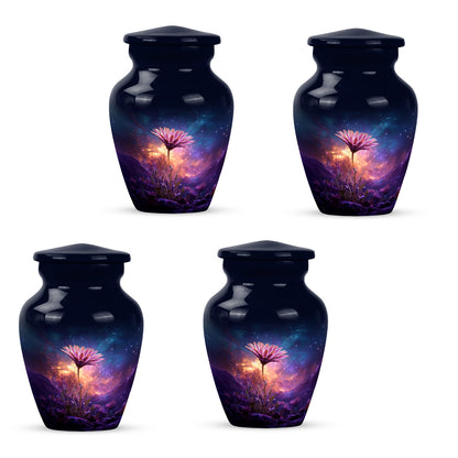 Misty Blue Daisy Cremation Urn side profile showing urn shape - timeless daisy motif etched into premium metal - 10 inch aluminum urn for cremated remains