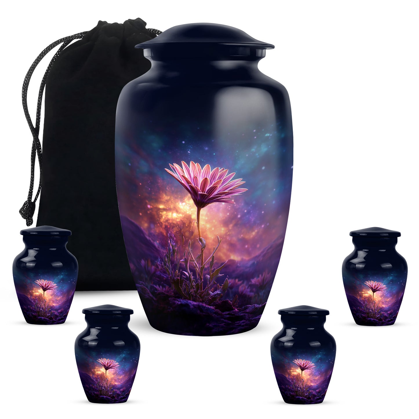Cornflower Blue Daisy Cremation Urn top-down view of secure threaded lid - elegant classic daisy relief with fine detailing - memorial set with one large and four small urns