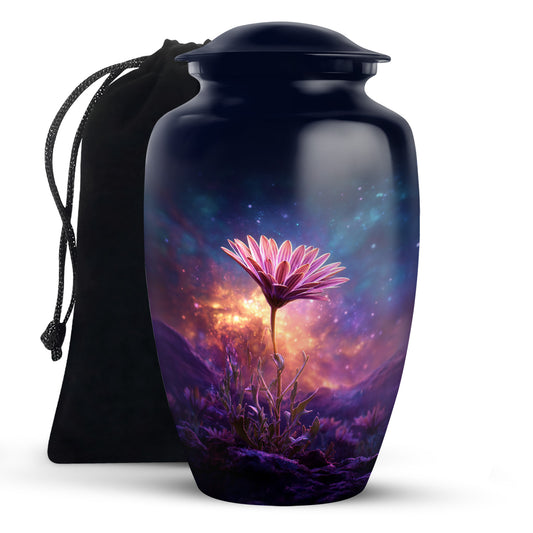 Sapphire Blue Daisy Cremation Urn angled view of lid and engraved motif - elegant classic daisy relief with fine detailing - full-size 10 inch 200 cubic inch adult cremation urn