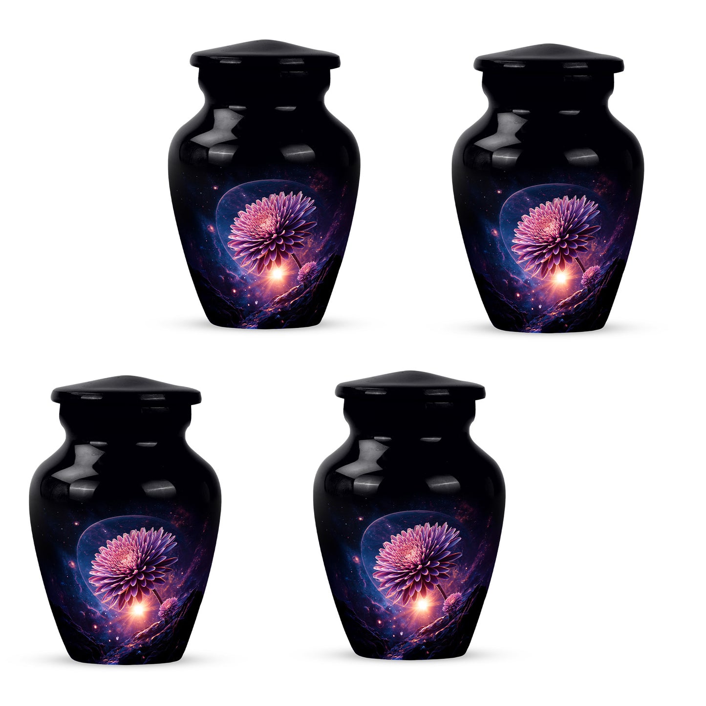 Deep Black Daisy Cremation Urn side profile showing urn shape - timeless daisy motif etched into premium metal - 10 inch aluminum urn for cremated remains
