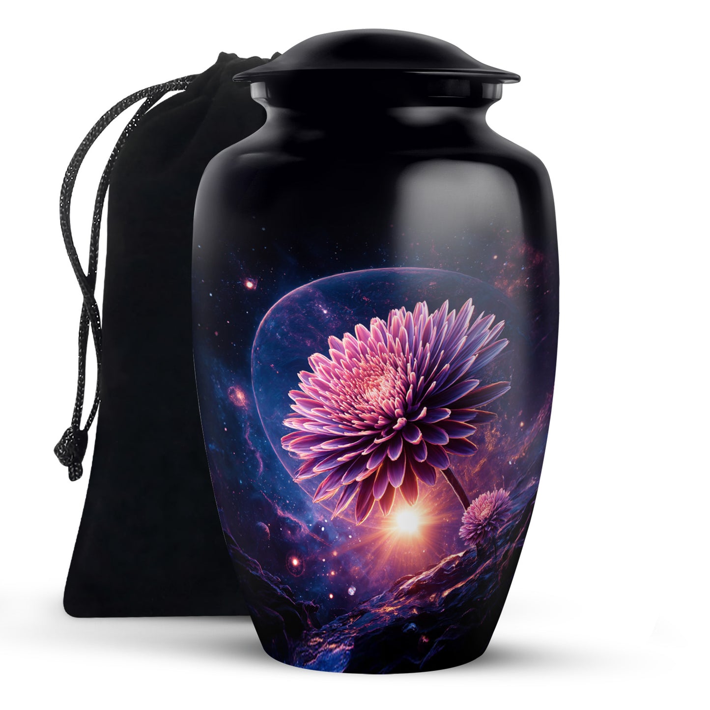 Glossy Black Daisy Cremation Urn angled view of lid and engraved motif - classic sculpted daisy pattern on smooth aluminum - full-size 10 inch 200 cubic inch adult cremation urn