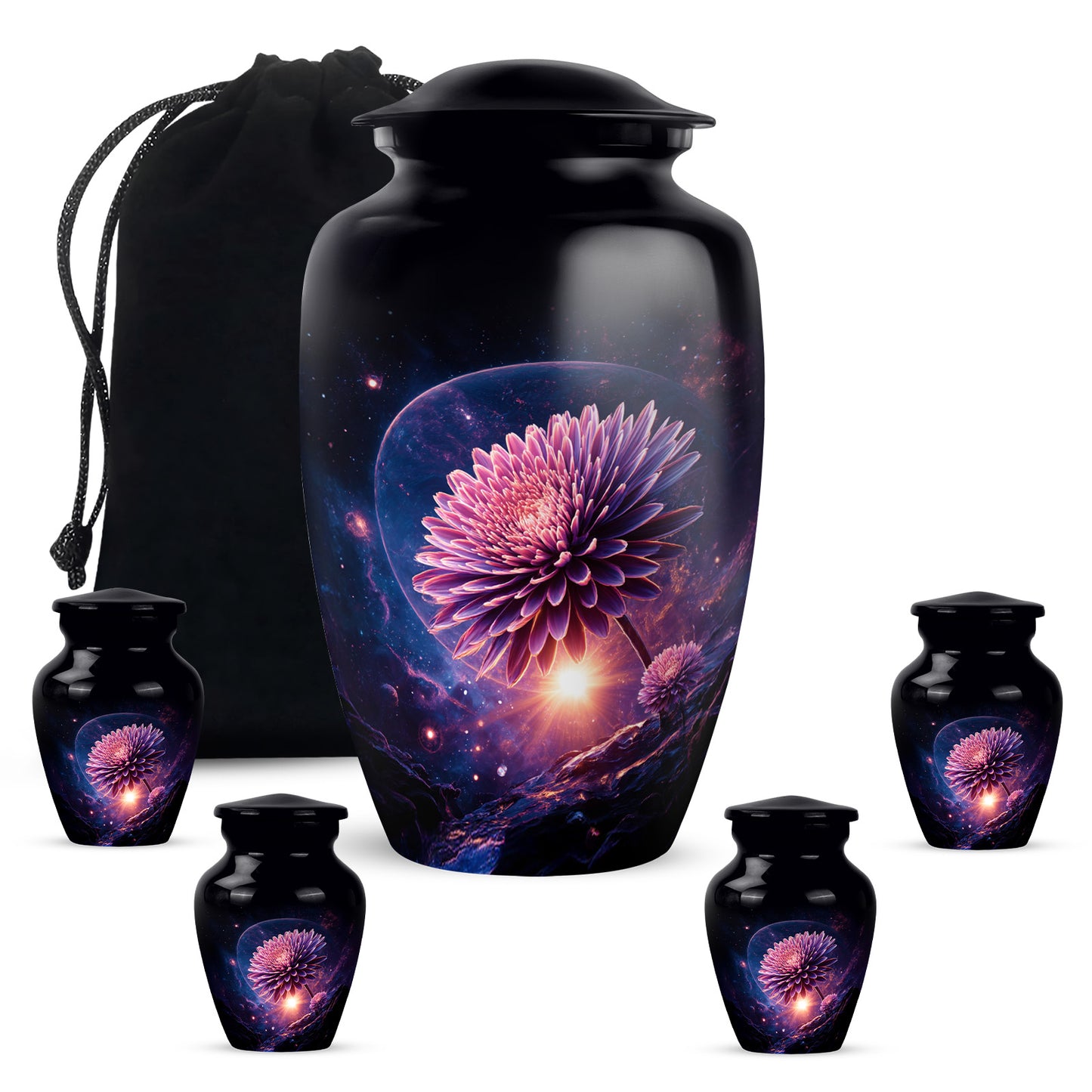 Deep Black Daisy Cremation Urn top-down view of secure threaded lid - classic sculpted daisy pattern on smooth aluminum - memorial set with one large and four small urns