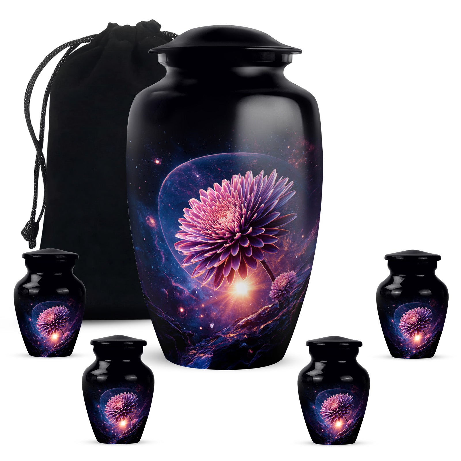 Deep Black Daisy Cremation Urn top-down view of secure threaded lid - classic sculpted daisy pattern on smooth aluminum - memorial set with one large and four small urns