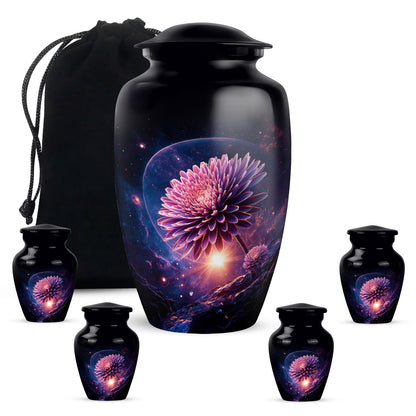 Deep Black Daisy Cremation Urn top-down view of secure threaded lid - classic sculpted daisy pattern on smooth aluminum - memorial set with one large and four small urns