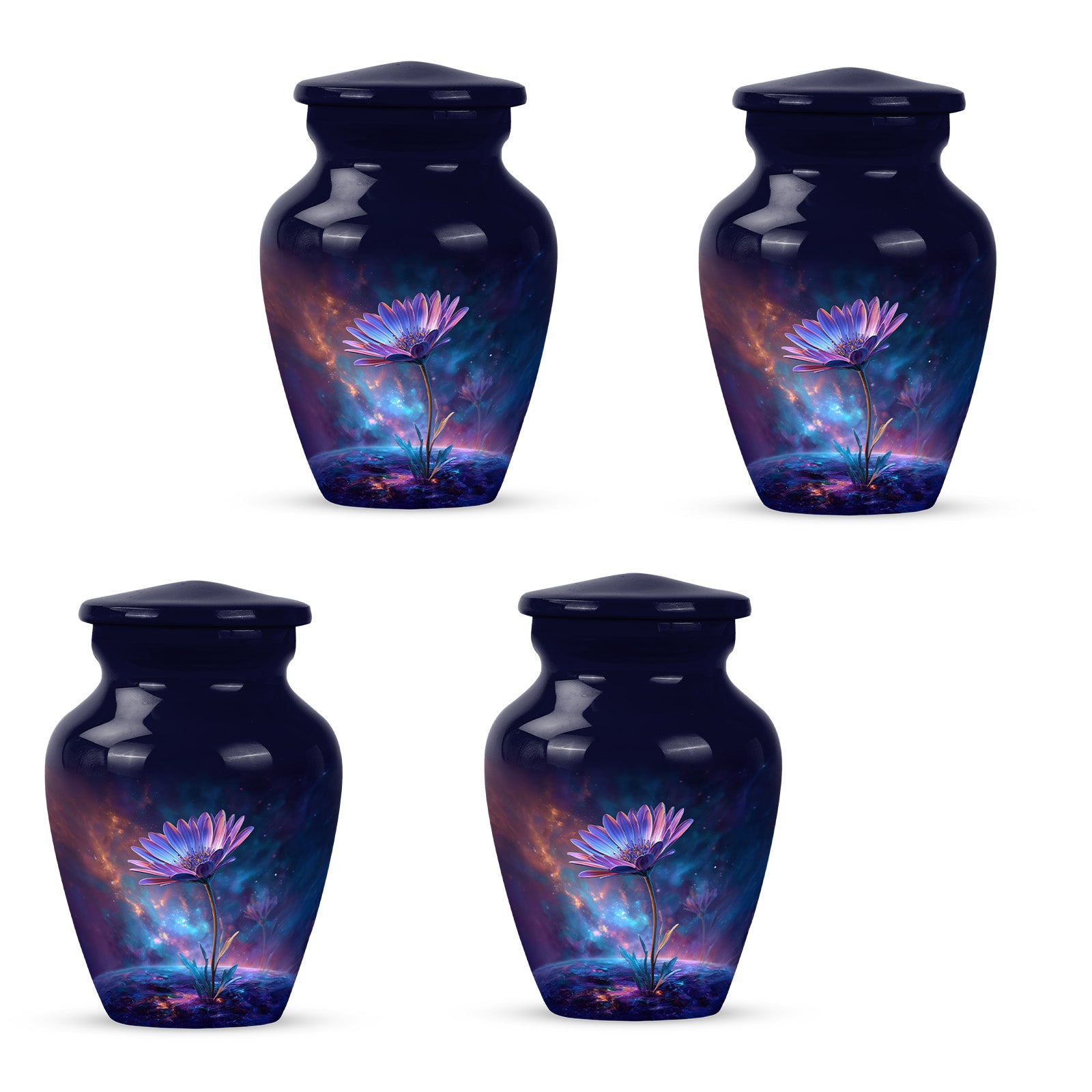Celestial Blue Daisy Cremation Urn side profile showing urn shape - timeless daisy motif etched into premium metal - 10 inch aluminum urn for cremated remains