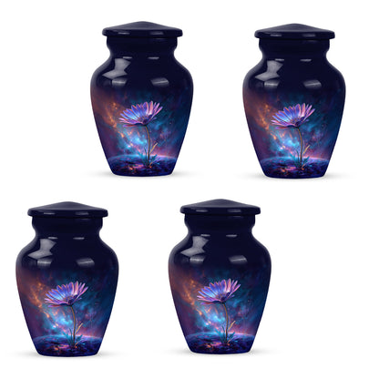 Celestial Blue Daisy Cremation Urn side profile showing urn shape - timeless daisy motif etched into premium metal - 10 inch aluminum urn for cremated remains