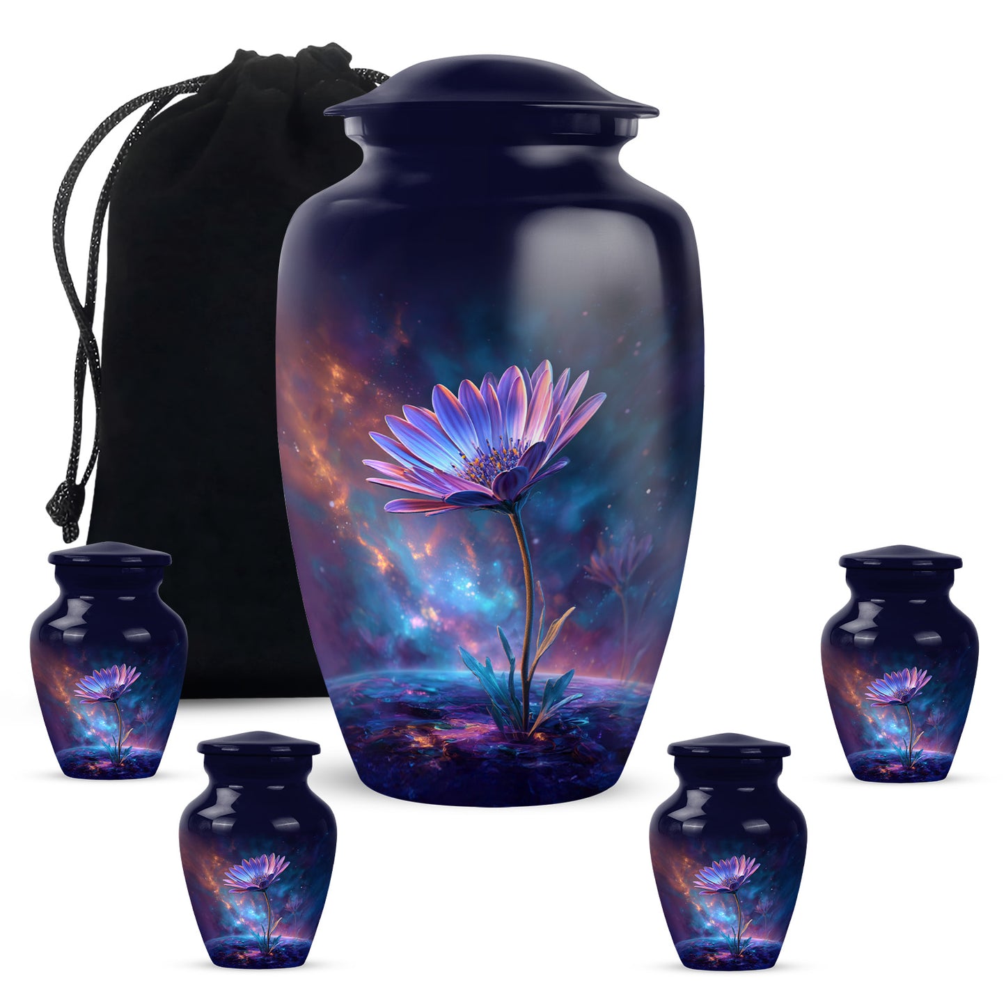 Dusty Blue Daisy Cremation Urn top-down view of secure threaded lid - classic sculpted daisy pattern on smooth aluminum - memorial set with one large and four small urns