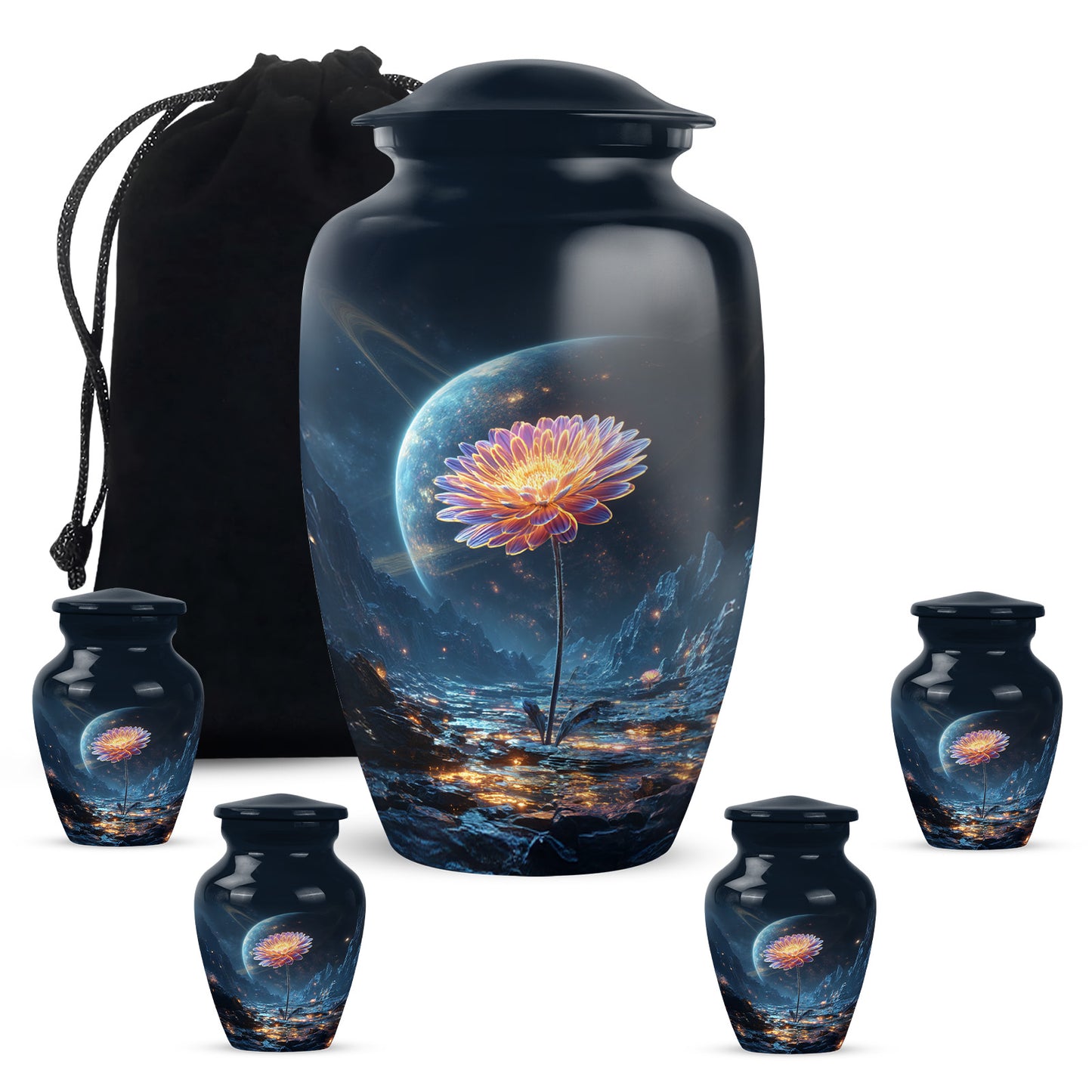 Indigo Daisy Cremation Urn top-down view of secure threaded lid - timeless daisy motif etched into premium metal - memorial set with one large and four small urns