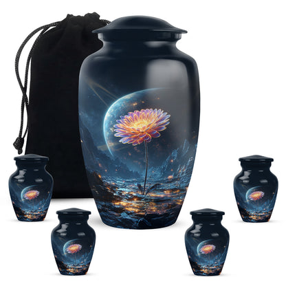 Indigo Daisy Cremation Urn top-down view of secure threaded lid - timeless daisy motif etched into premium metal - memorial set with one large and four small urns