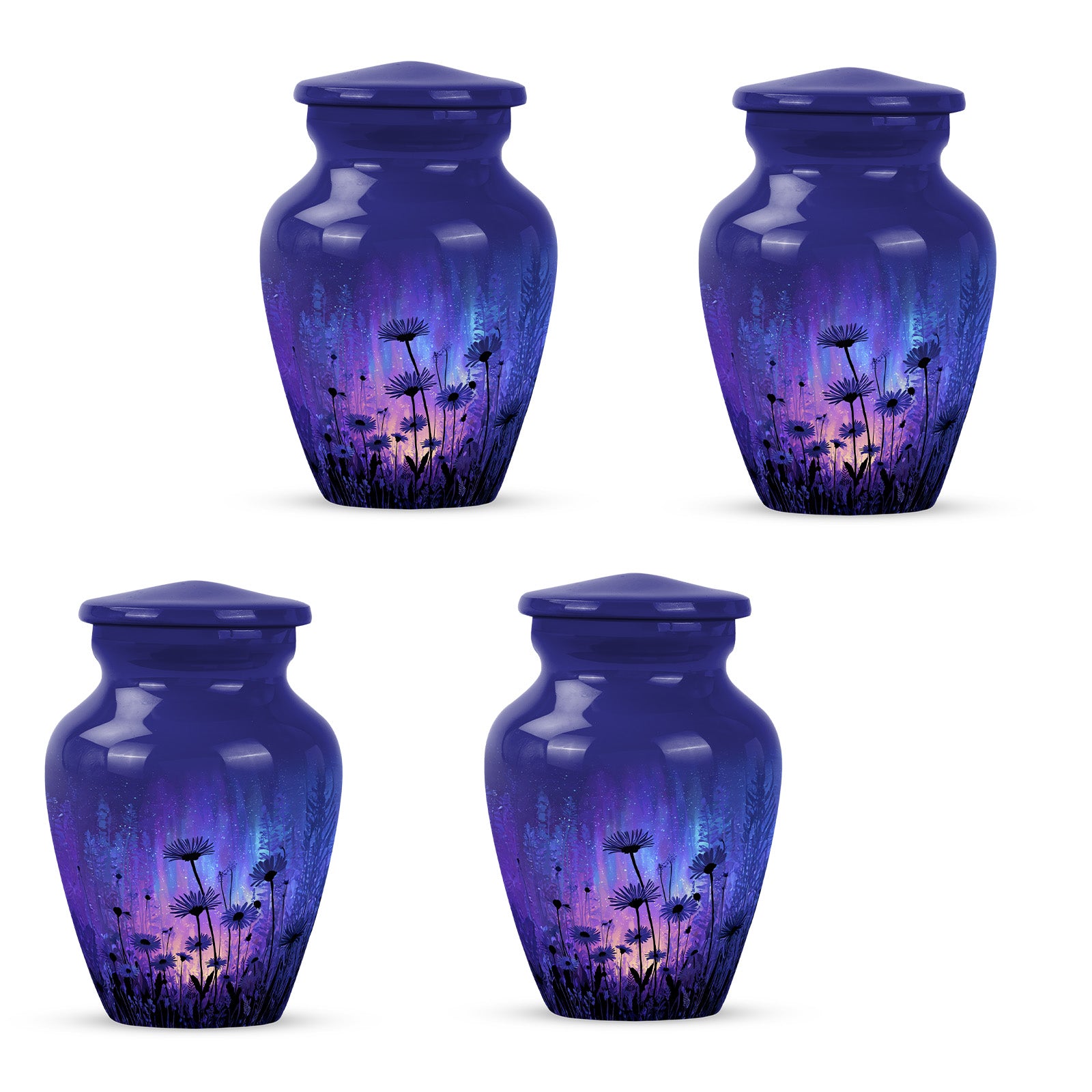 Indigo Daisy Cremation Urn side profile showing urn shape - timeless daisy motif etched into premium metal - 10 inch aluminum urn for cremated remains