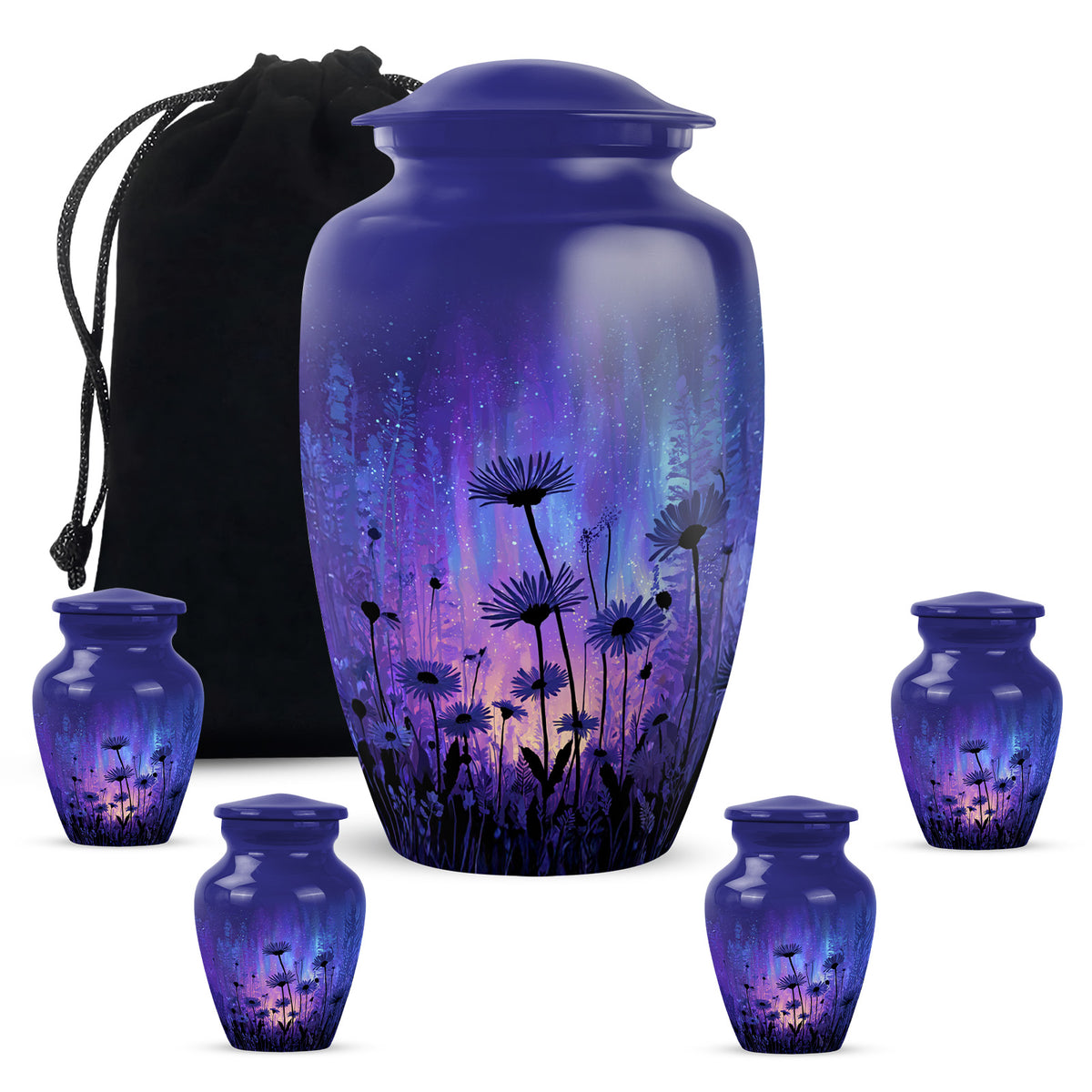 Pastel Blue Daisy Cremation Urn top-down view of secure threaded lid - timeless daisy motif etched into premium metal - memorial set with one large and four small urns