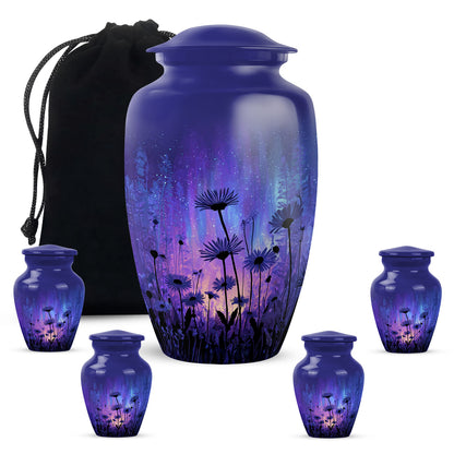 Pastel Blue Daisy Cremation Urn top-down view of secure threaded lid - timeless daisy motif etched into premium metal - memorial set with one large and four small urns