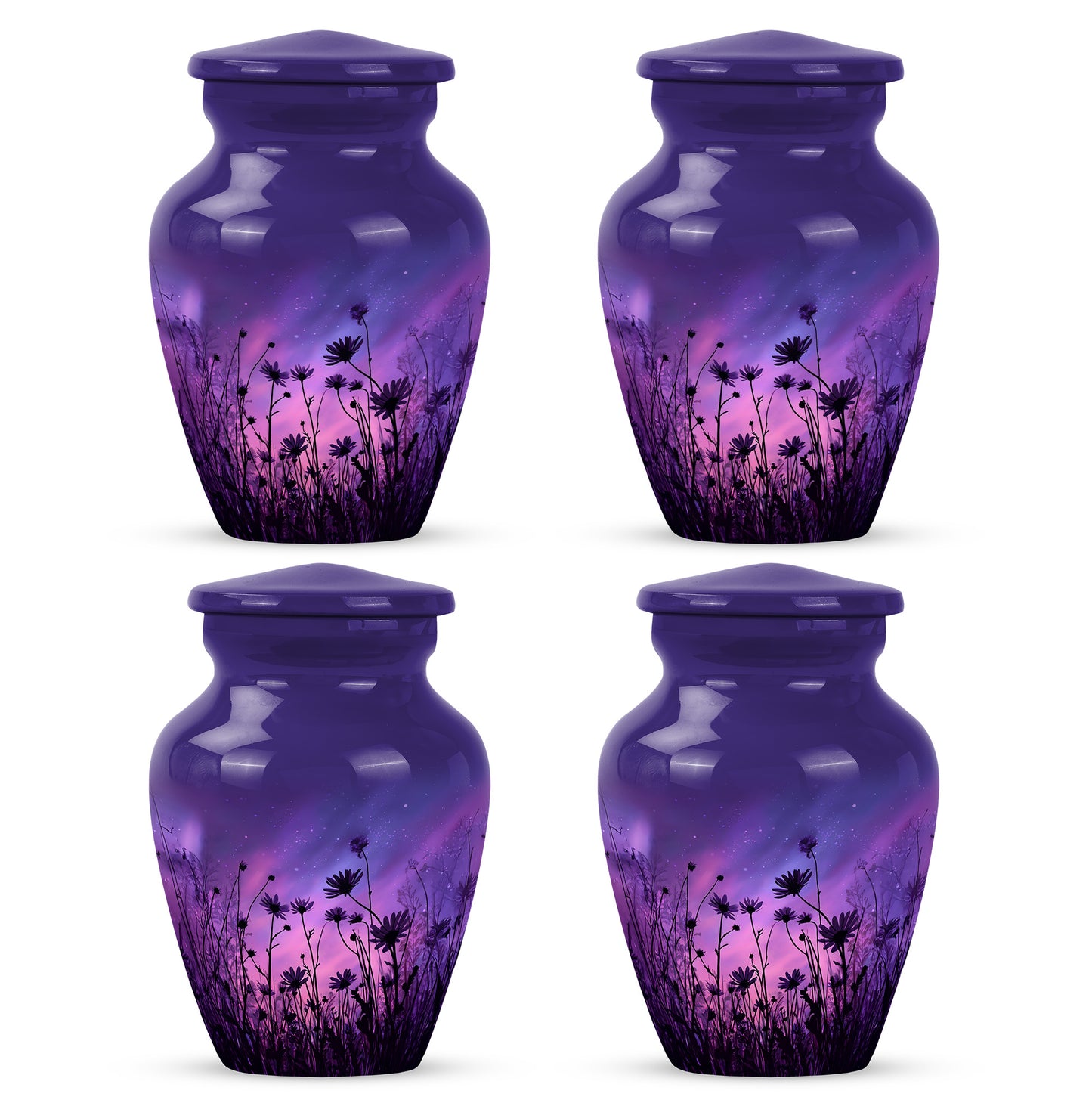 Indigo Daisy Cremation Urn side profile showing urn shape - classic sculpted daisy pattern on smooth aluminum - 10 inch aluminum urn for cremated remains