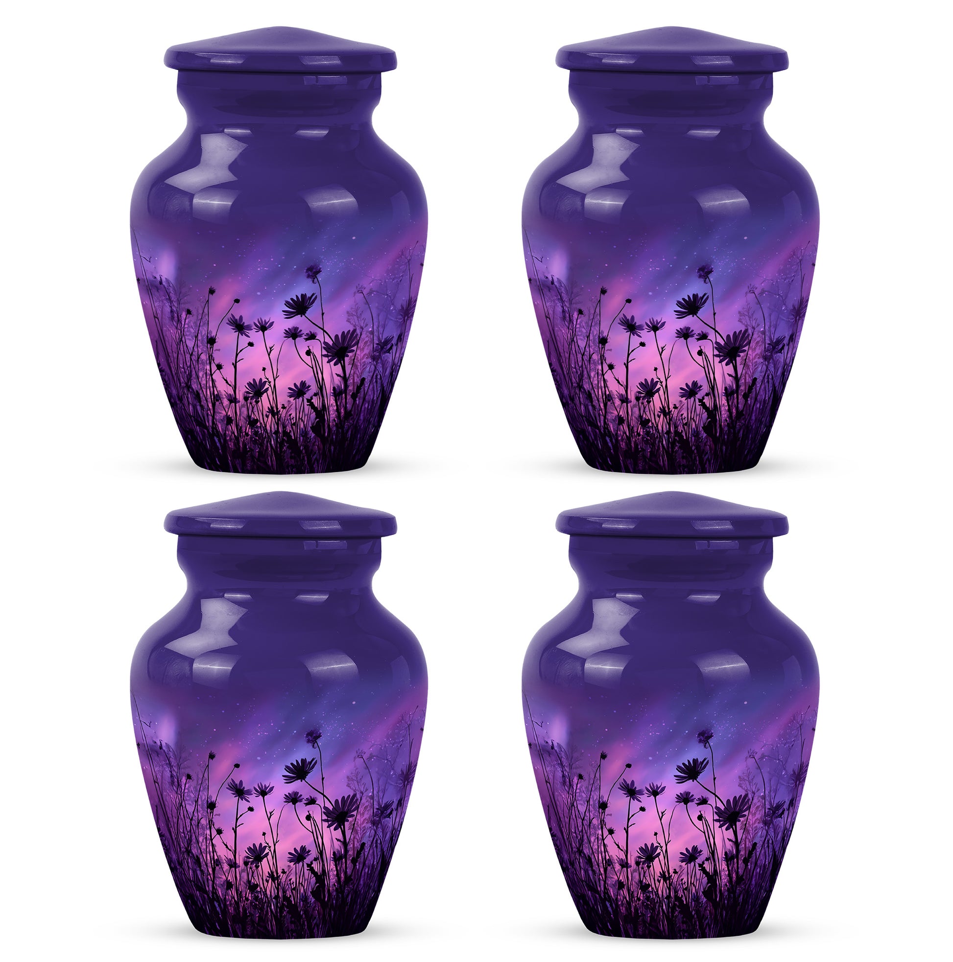 Indigo Daisy Cremation Urn side profile showing urn shape - classic sculpted daisy pattern on smooth aluminum - 10 inch aluminum urn for cremated remains