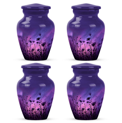 Indigo Daisy Cremation Urn side profile showing urn shape - classic sculpted daisy pattern on smooth aluminum - 10 inch aluminum urn for cremated remains