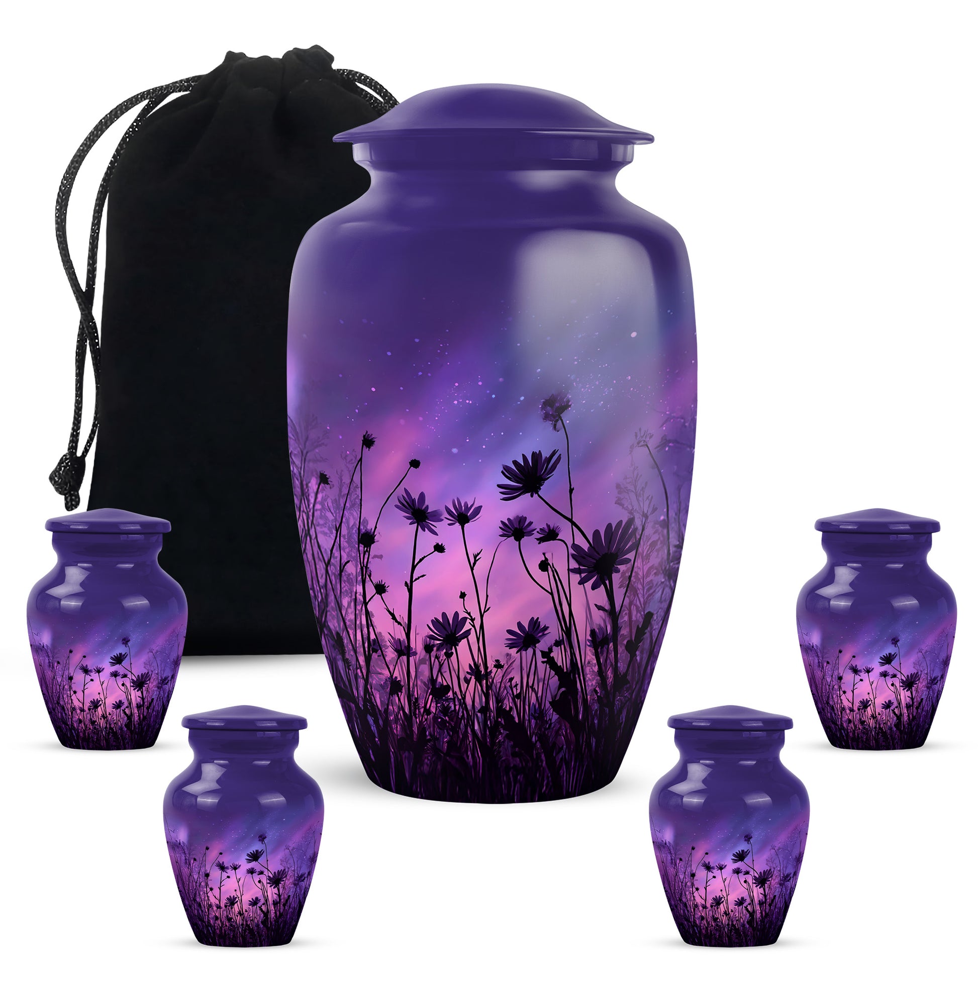 Calming Blue Daisy Cremation Urn top-down view of secure threaded lid - elegant classic daisy relief with fine detailing - memorial set with one large and four small urns